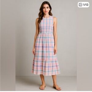 J. Crew Factory Pastel Plaid Smocked Midi Dress size Large